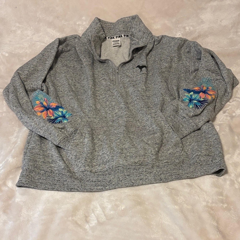 PINK VS - Gray Quarter-Zip Sweater with Floral Accents